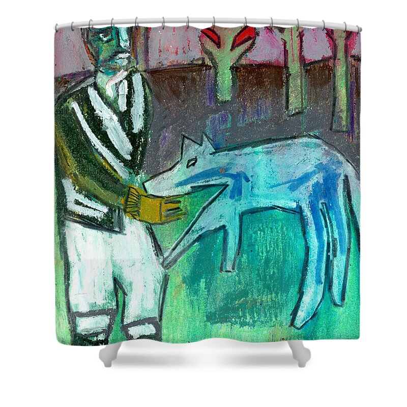 Wolf Shower Curtain featuring the pastel Wolf Feed by Edgeworth Johnstone