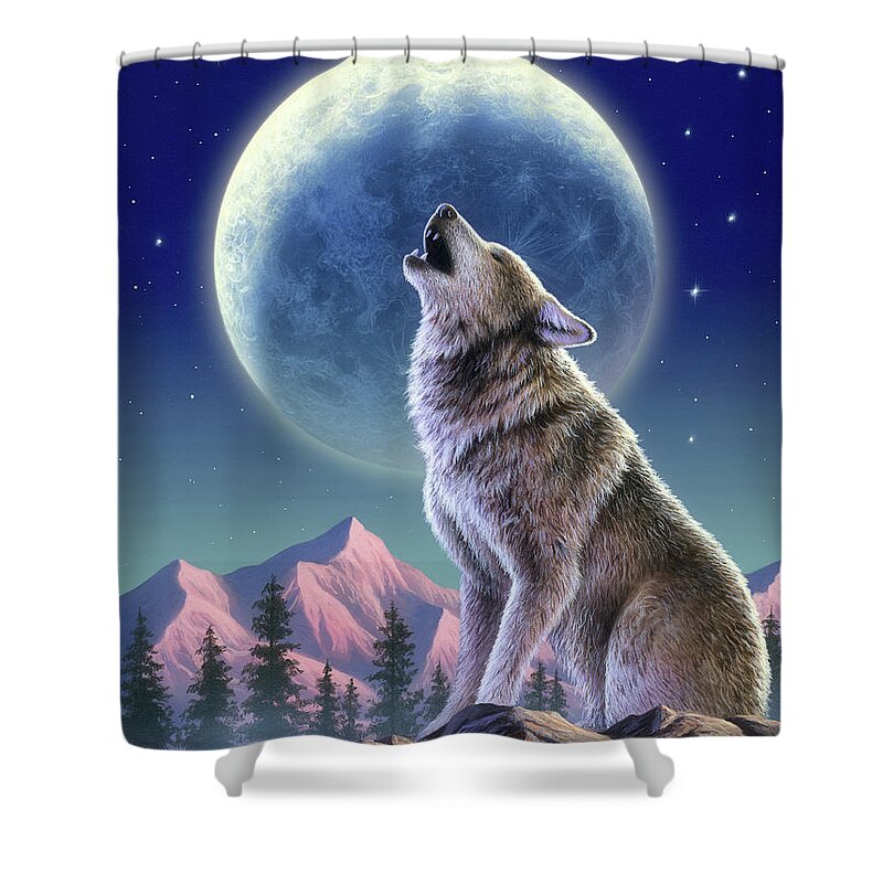 Wolf Shower Curtain featuring the mixed media Wolf Moon by Jerry LoFaro