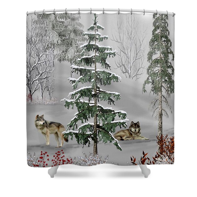 Wolf Shower Curtain featuring the mixed media Wolves In The Winter Forest Color by David Dehner