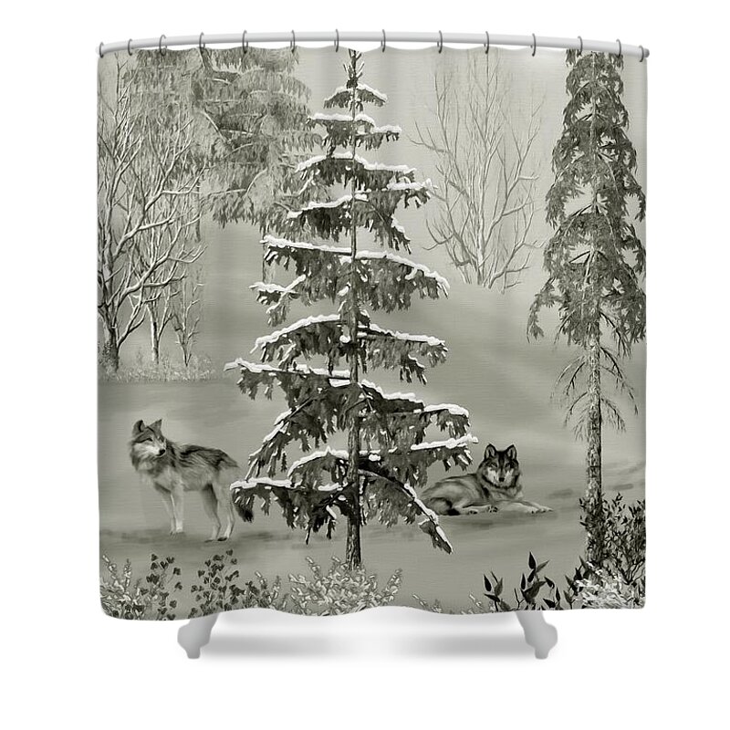 Wolf Shower Curtain featuring the mixed media Wolves In The Winter Forest by David Dehner