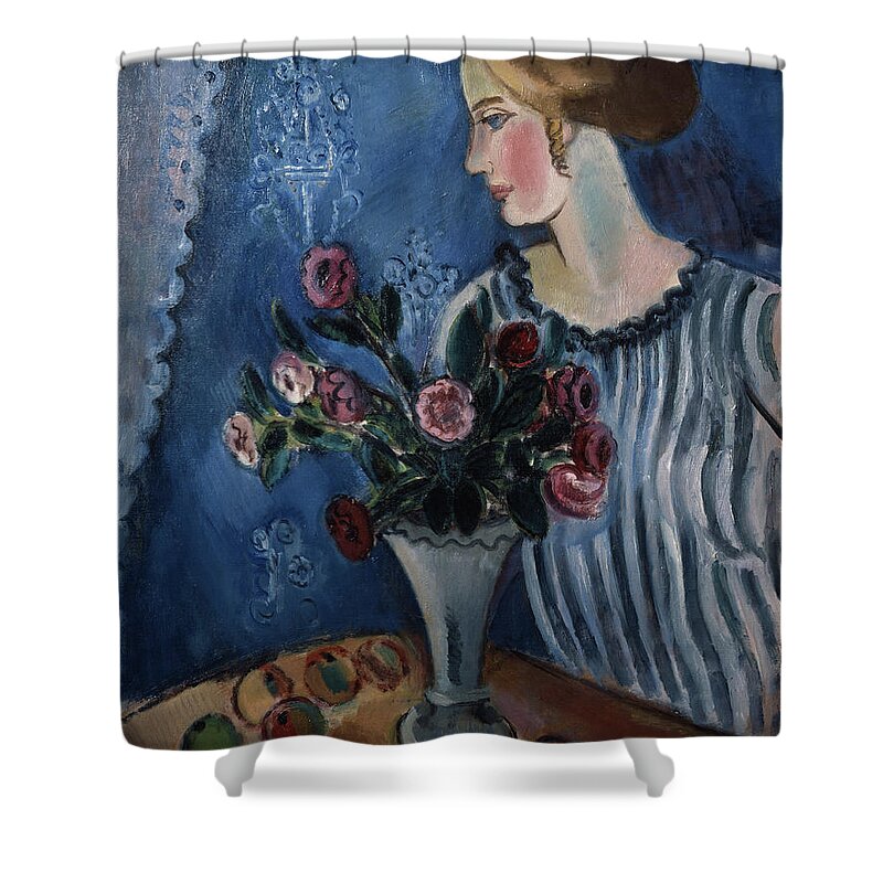 Gosta Sandels Shower Curtain featuring the painting Woman and nature morte, 1918 by O Vaering by Gosta Sandels