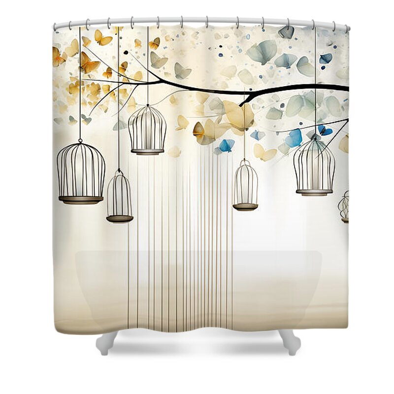 Lady Shower Curtain featuring the digital art Woman and the birdcages by Odon Czintos