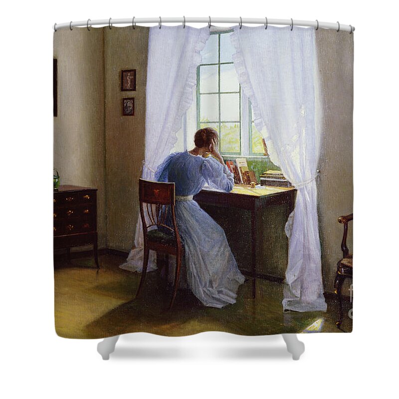 Lars Jorde Shower Curtain featuring the painting Woman in front of the window, 1899 by O Vaering by Lars Jorde