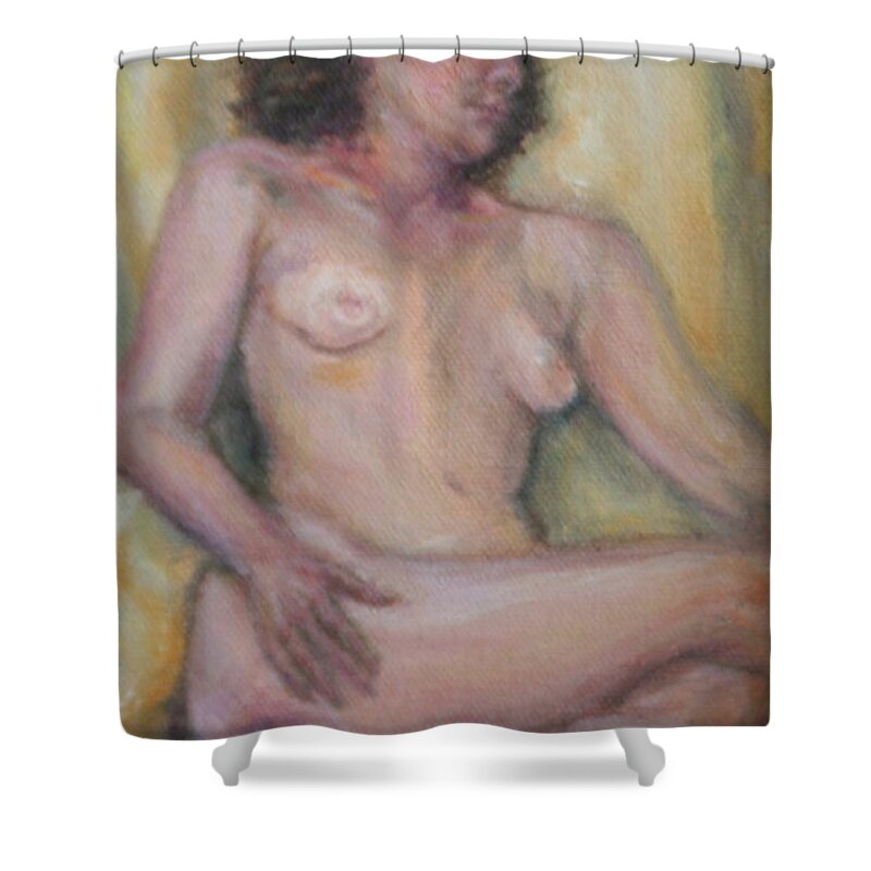 Quin Sweetman Shower Curtain featuring the painting Woman in Yellow Chair by Quin Sweetman