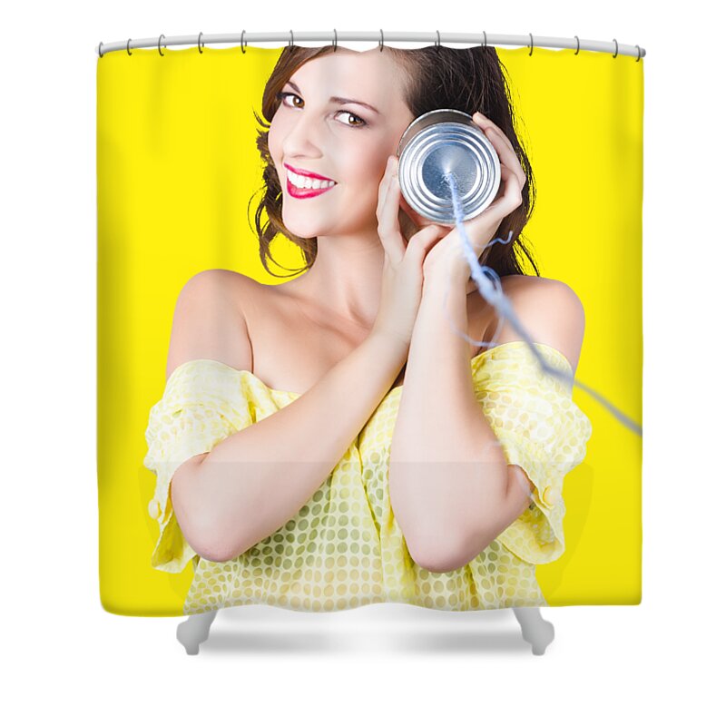 Telephone Shower Curtain featuring the photograph Woman listening with tin can phone to ear by Jorgo Photography