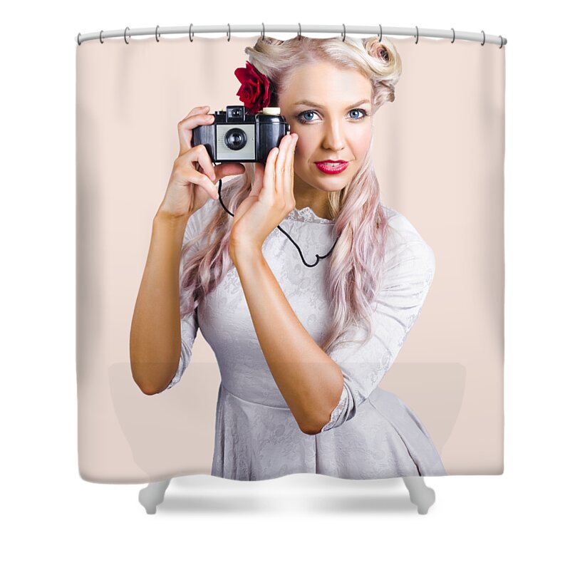 Pin-up Shower Curtain featuring the photograph Woman using retro film camera by Jorgo Photography