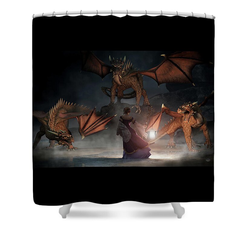 The Light Of Truth Shower Curtain featuring the digital art Woman with a Lantern Facing Dragons by Daniel Eskridge