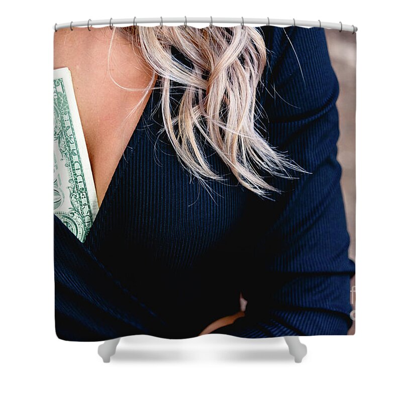 Abuse Shower Curtain featuring the photograph Woman with some dollar bills inside her cleavage, concept of mal by Joaquin Corbalan