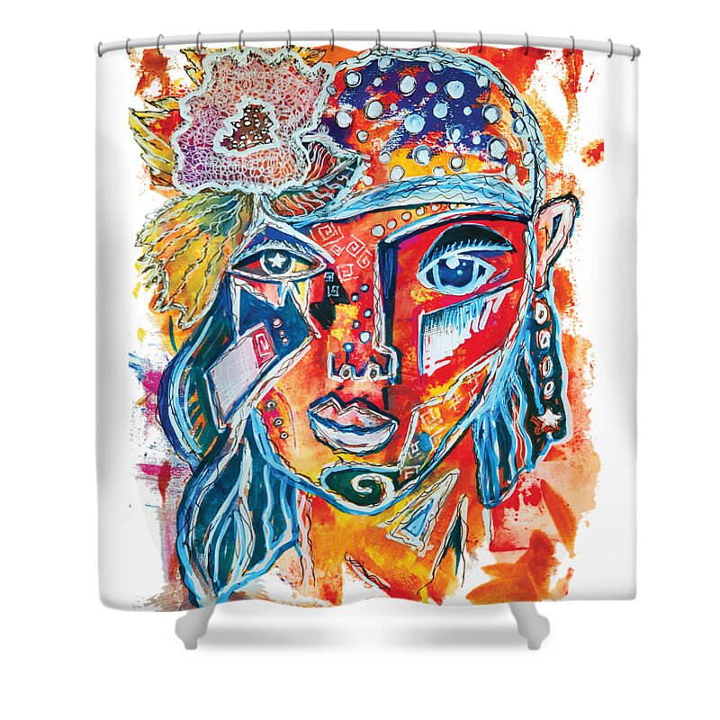 Cubism Shower Curtain featuring the painting Women Cubism Abstract Funny Funky Face Red Blue Polka Dot Bright Painting by Joanne Herrmann