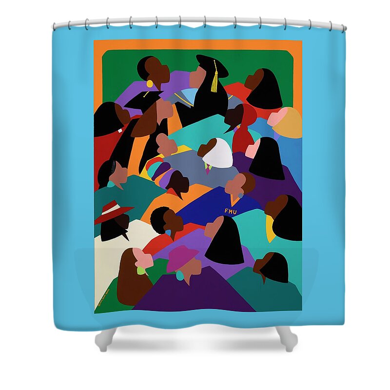 Women Shower Curtain featuring the painting Women Lifting Their Voices by Synthia SAINT JAMES
