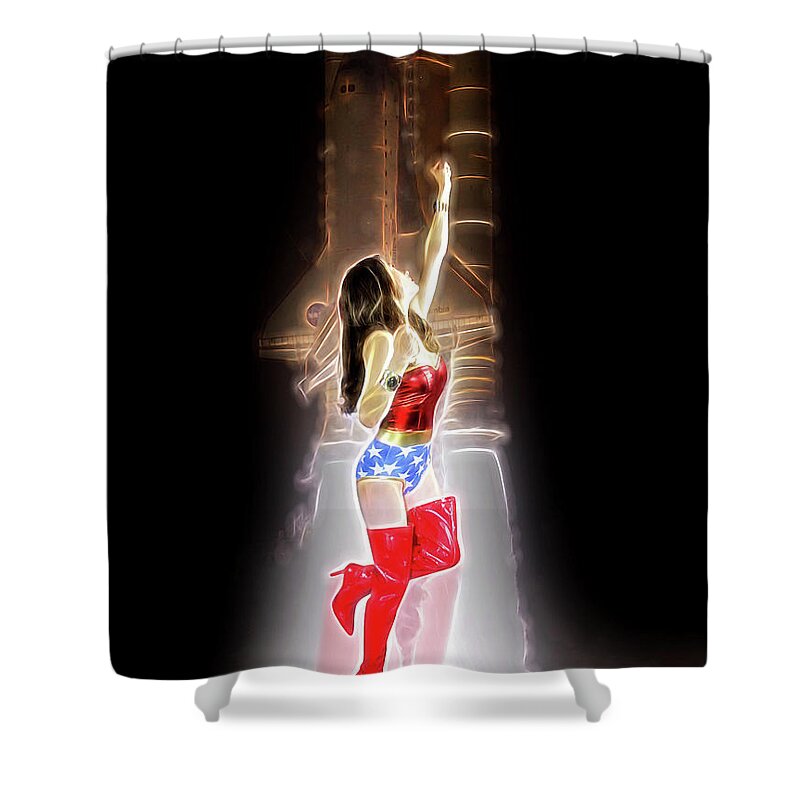 Wonder Shower Curtain featuring the photograph Wonder Woman Liftoff by Jon Volden