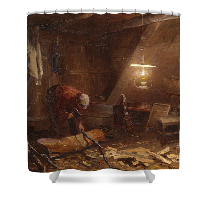 Even Ulving Shower Curtain featuring the painting Woodcutter by O Vaering by Even Ulving