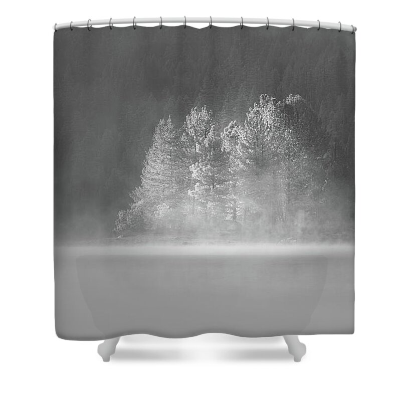 Antelope Lake Shower Curtain featuring the photograph Wooded Island in Foggy Glow by Mike Lee