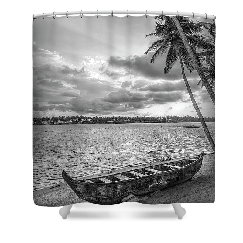 African Shower Curtain featuring the photograph Wooden Boat on the Beach Black and White by Debra and Dave Vanderlaan