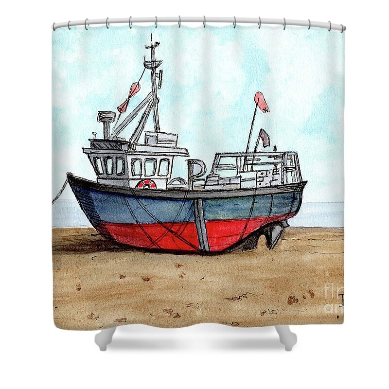 Colorful Wooden Fishing Boat Shower Curtain featuring the painting Wooden Fishing Boat on the Beach by Donna Mibus
