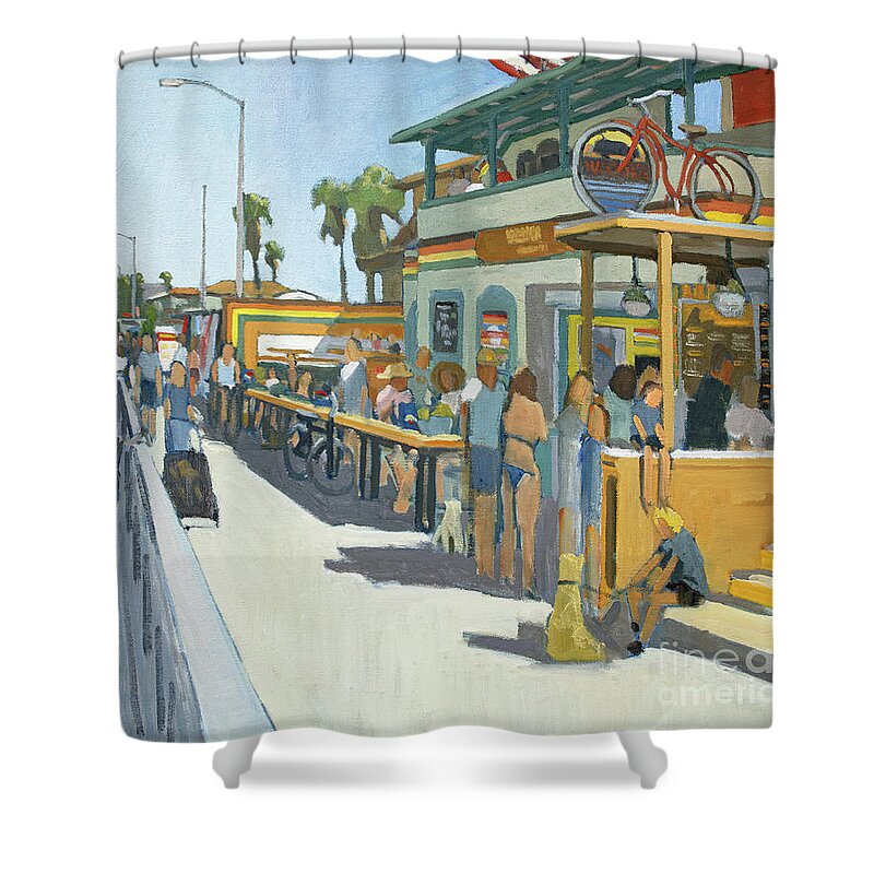 Woodys Shower Curtain featuring the painting Woody's Breakfast and Burgers - Pacific Beach, San Diego, California by Paul Strahm