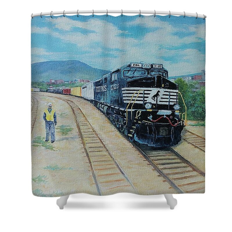 Trains Shower Curtain featuring the painting Working Heartily by ML McCormick