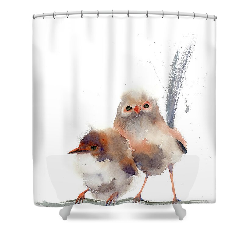 Wren Birds Shower Curtain featuring the painting Wren Birds art print by Paintis Passion