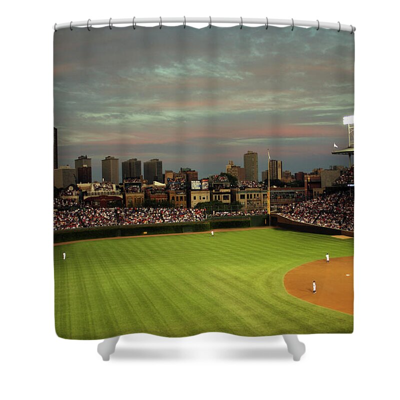 Baseball Shower Curtain featuring the photograph Wrigley Field at Dusk by John Gaffen
