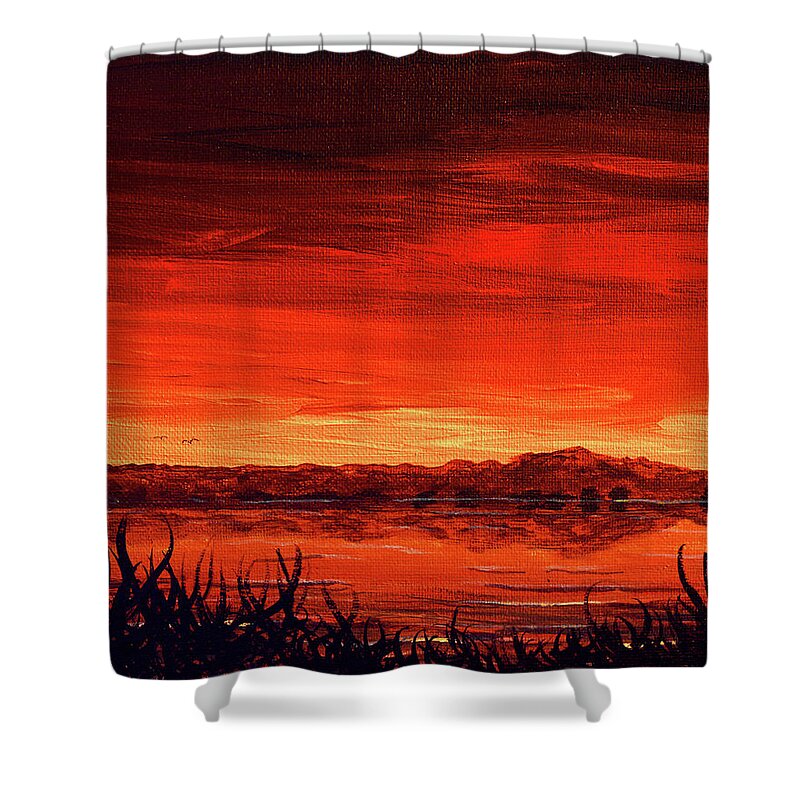 Wyoming Shower Curtain featuring the painting Wyoming Sunset over Festo Lake and Laramie Peak by Chance Kafka