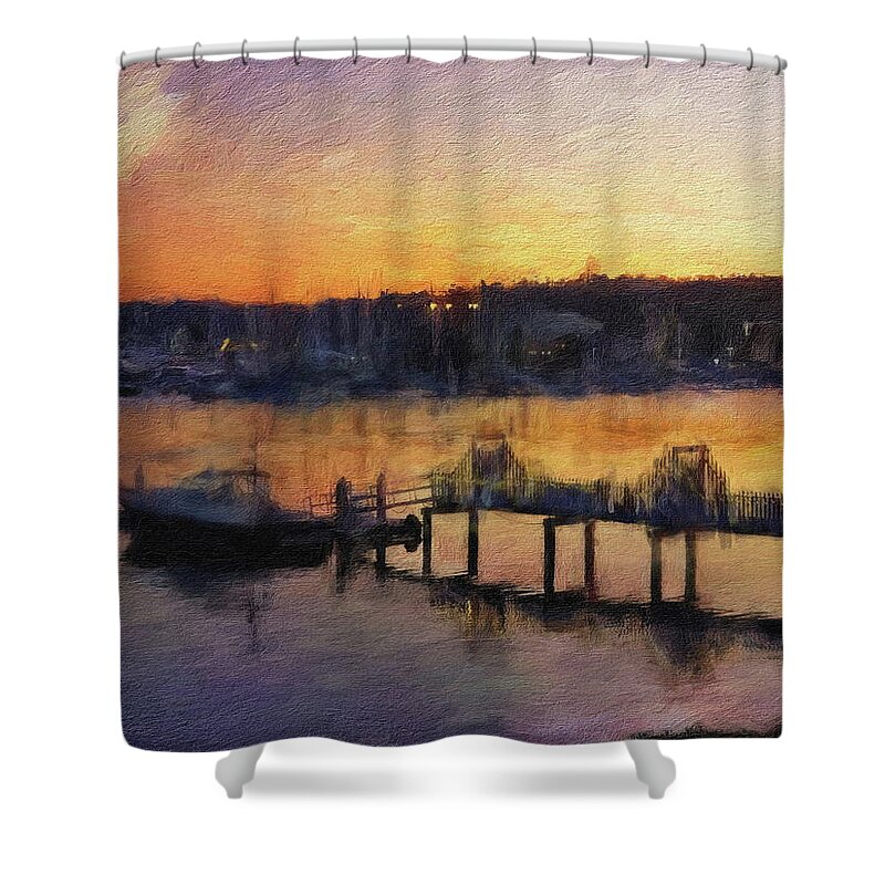 San Diego Shower Curtain featuring the digital art Yacht Harbor at Sunset by Russ Harris
