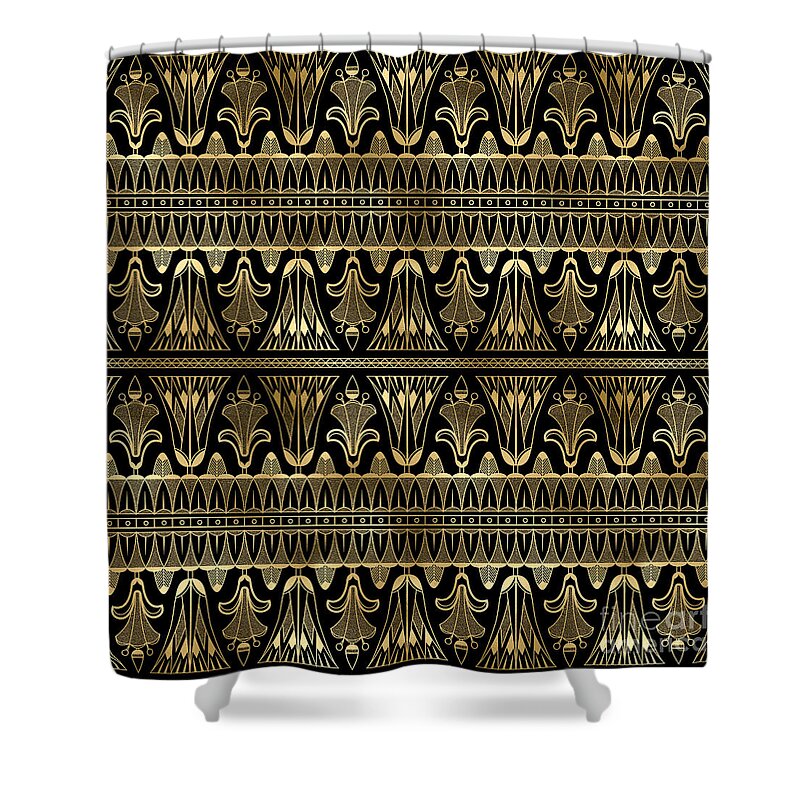 Art Shower Curtain featuring the digital art Yamkhana - Gold Black Art Deco Seamless Pattern by Sambel Pedes