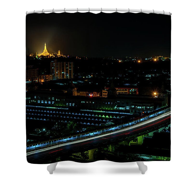 Shwedagon Shower Curtain featuring the photograph Yangon Cityscape at Night by Arj Munoz