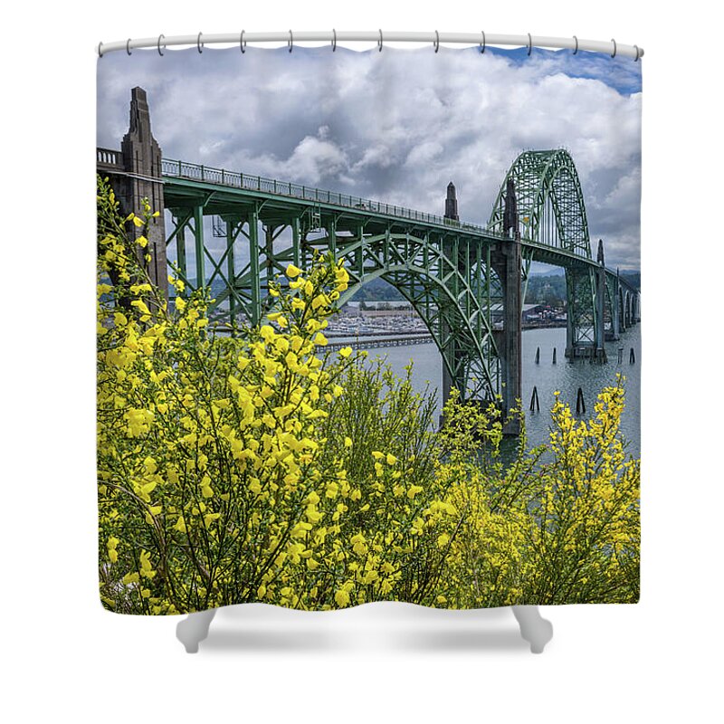 Newport Shower Curtain featuring the photograph Yaquina Bay Bridge Scotch Broom Blooms by Darren White