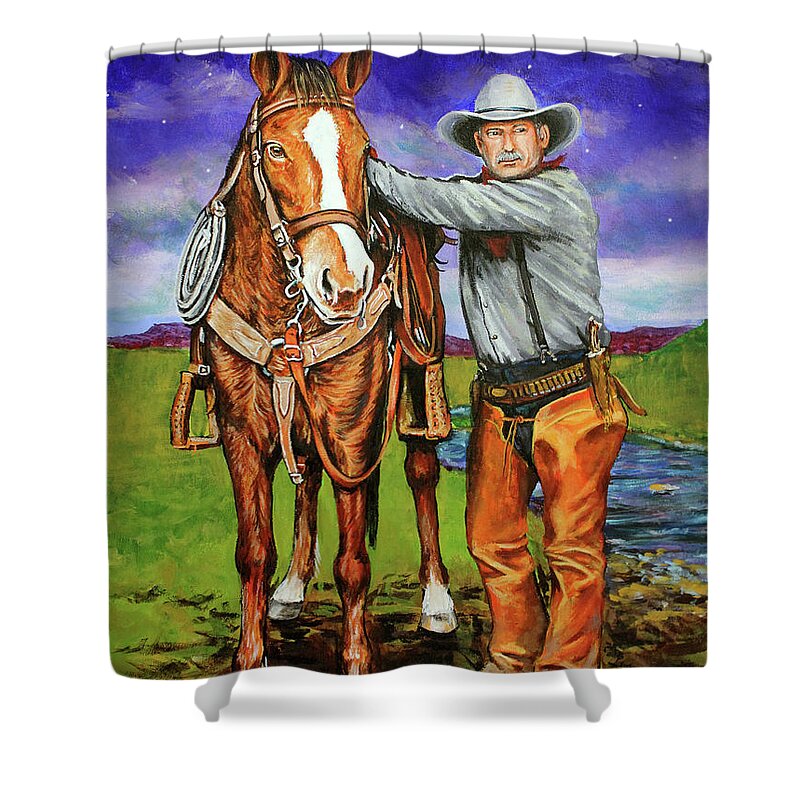 Cowboy Shower Curtain featuring the painting Yeah, I See It, Too by Karl Wagner