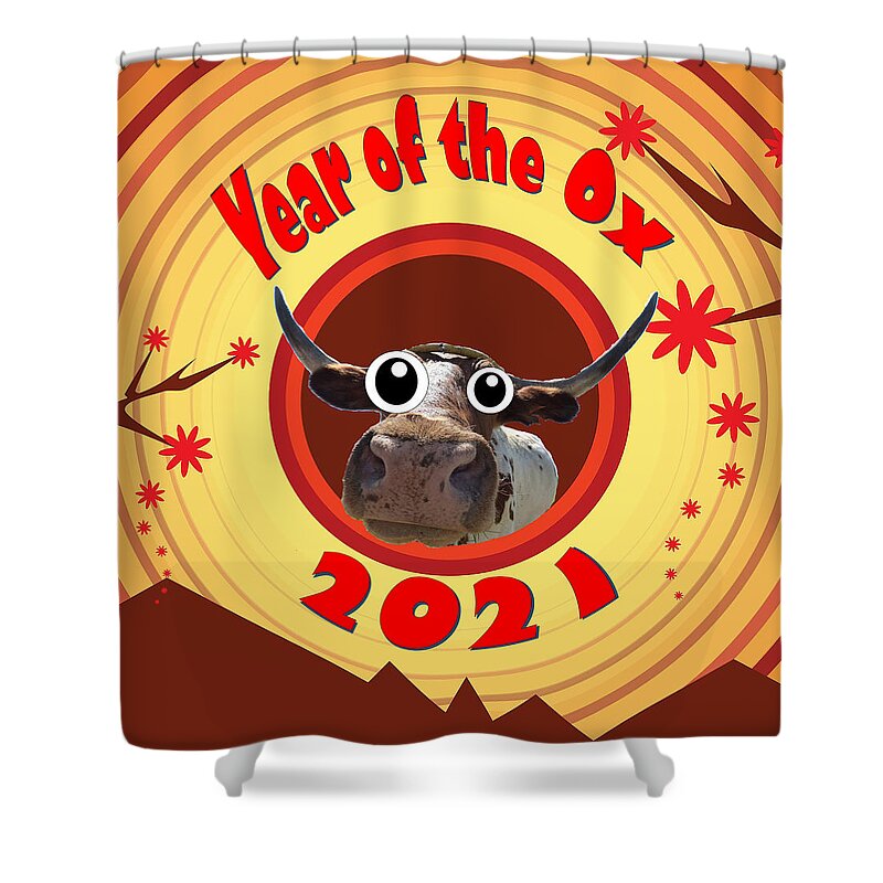 Ox Shower Curtain featuring the digital art Year of the Ox with Googly Eyes by Ali Baucom