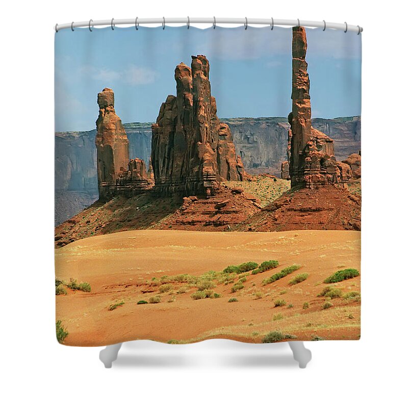 Scenery Shower Curtain featuring the photograph Yei bi Chei and Totem Pole - Monument Valley Tribal Park Navajo Nation Arizona U.S.A by Paolo Signorini