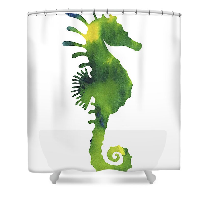 Green Shower Curtain featuring the painting Yellow And Green Seahorse Watercolor Silhouette by Irina Sztukowski