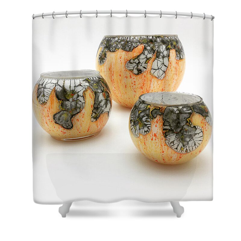 Glass Shower Curtain featuring the mixed media Yellow and White Bowls by Christopher Schranck