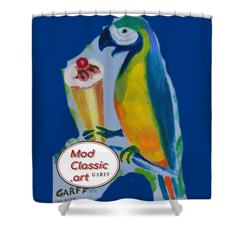 Parrot Shower Curtain featuring the painting Yellow Ara with Ice Cream ModClassic Art by Enrico Garff