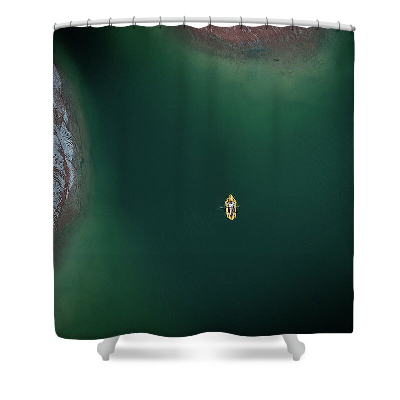 Blue Shower Curtain featuring the photograph Yellow Boat, green water, red rock by Ryan Lima