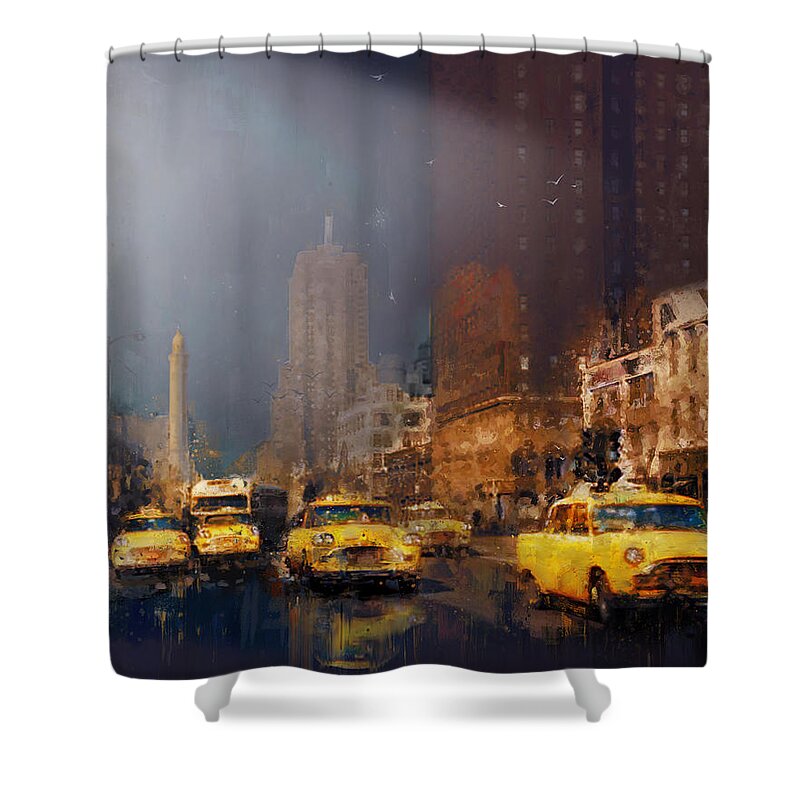 Yellow Shower Curtain featuring the painting Yellow Cabs 1960s Chicago by Glenn Galen