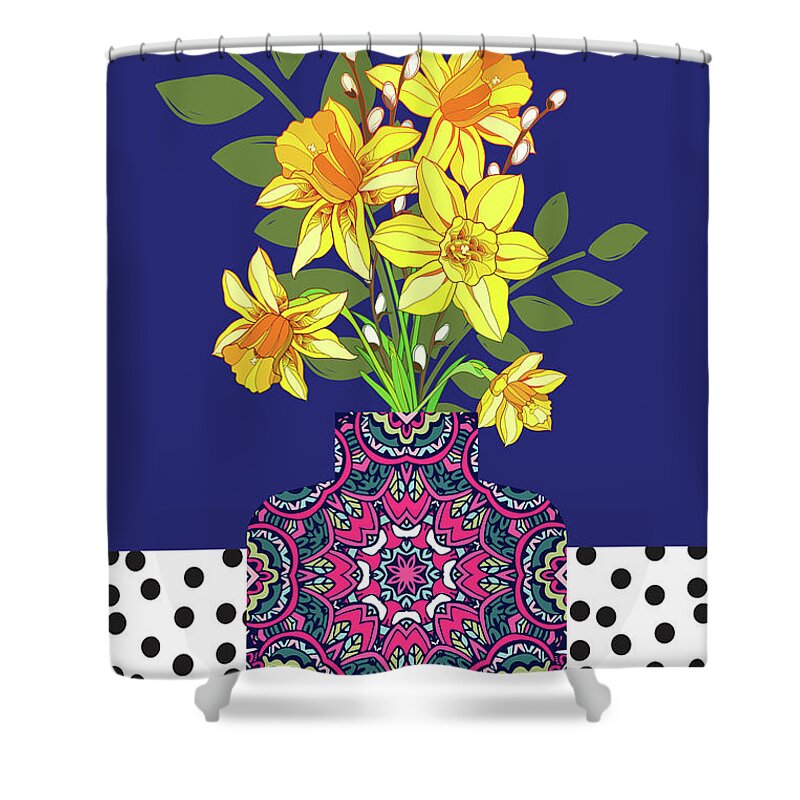 Yellow Flowers Shower Curtain featuring the digital art Yellow Daffodils in Patterned Vase by Tracy-Ann Marrison