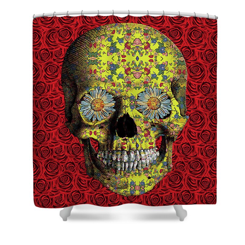 Flower Skull Shower Curtain featuring the digital art Yellow Flower Skull on a Bed of Roses by Diego Taborda