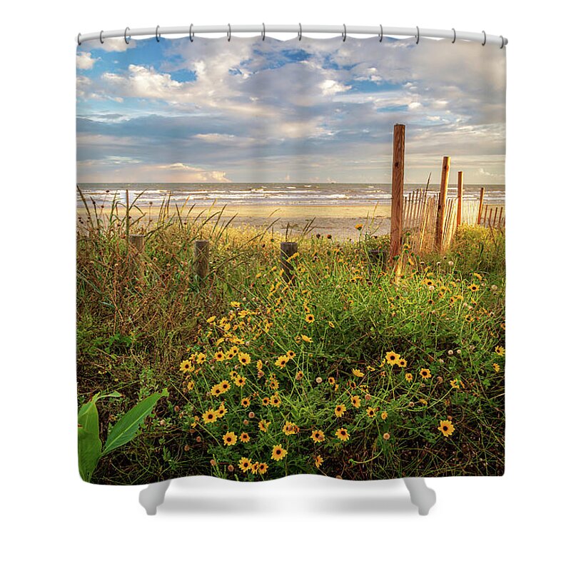 Yellow Flowers Shower Curtain featuring the photograph Yellow Flowers At Galveston Beach by James Eddy