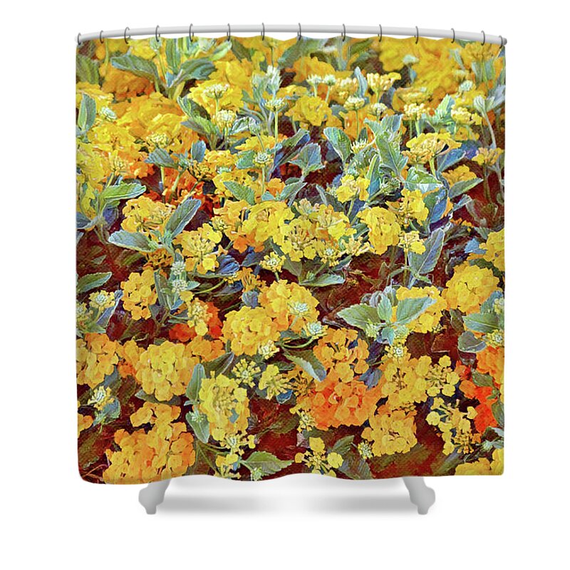 Flower Shower Curtain featuring the digital art Yellow Gold Lantana Flowers Illustrated for Autumn by Gaby Ethington