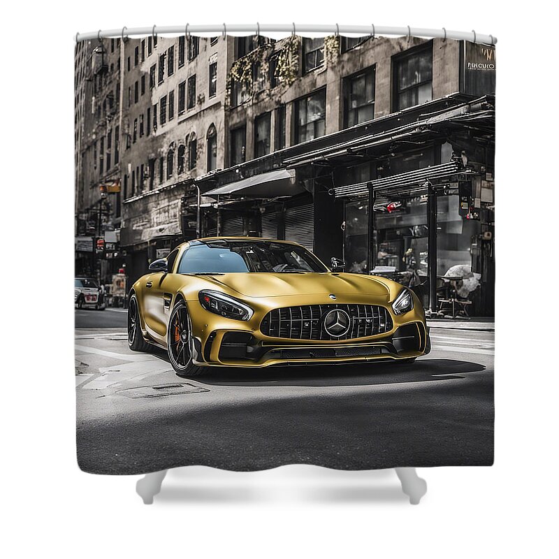 Yellow Shower Curtain featuring the digital art Yellow Mercedes AMG GTR Car on the streets of New York by CarsToon Concept
