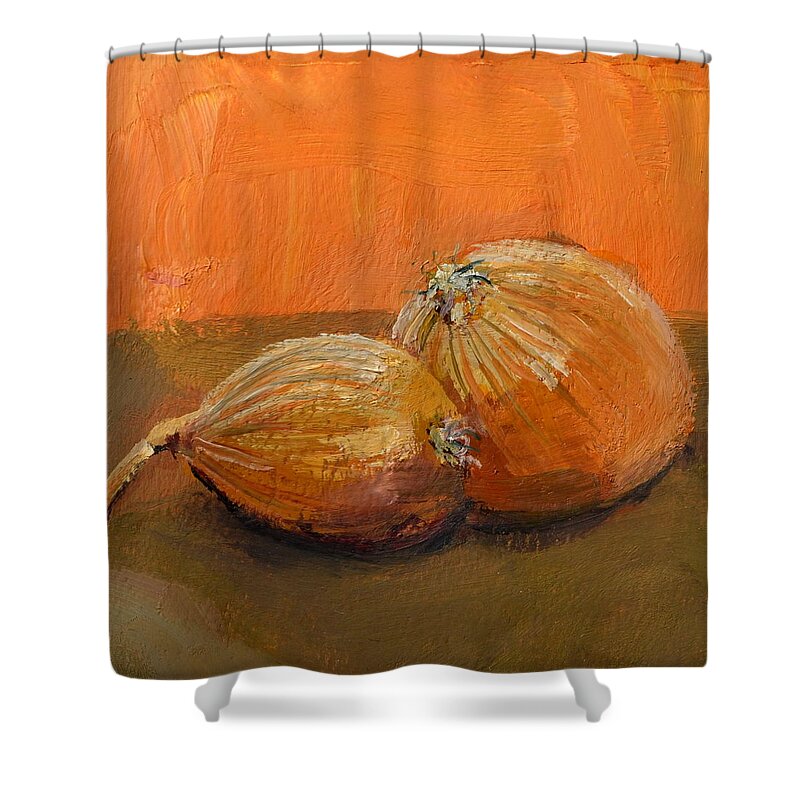 Agriculture Shower Curtain featuring the painting Yellow Onions Still Life by Michelle Calkins