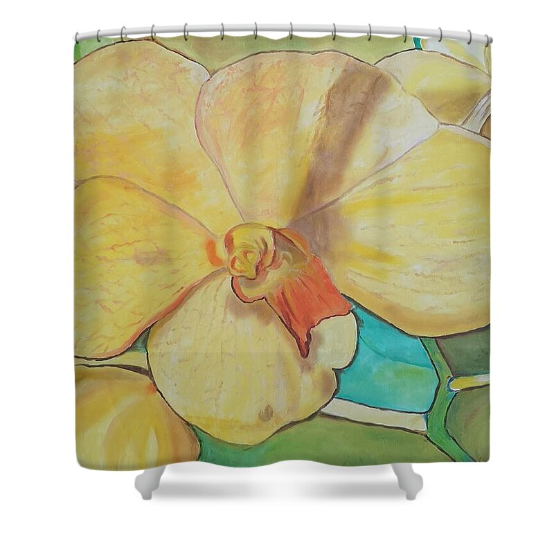 Flowers Shower Curtain featuring the painting Yellow Orchid by Jennylynd James