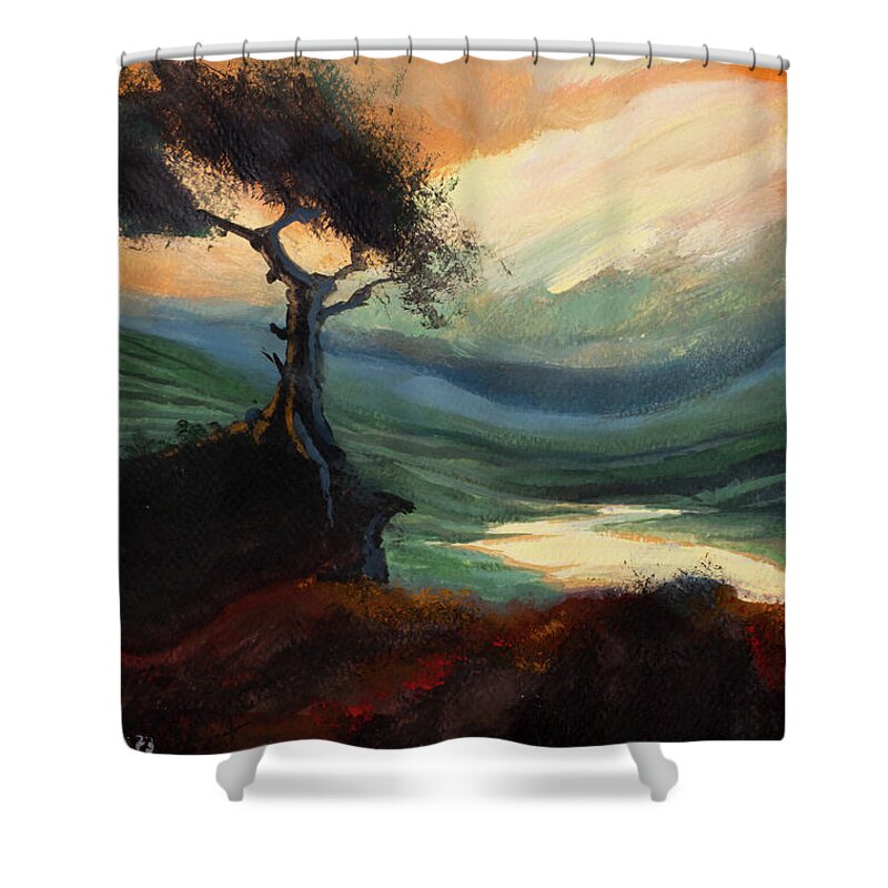 #creativity #art&mindfulness #socialresponsibility #artforworkers #mindfulness Shower Curtain featuring the painting Yellow Sunset Hills by Veronica Huacuja