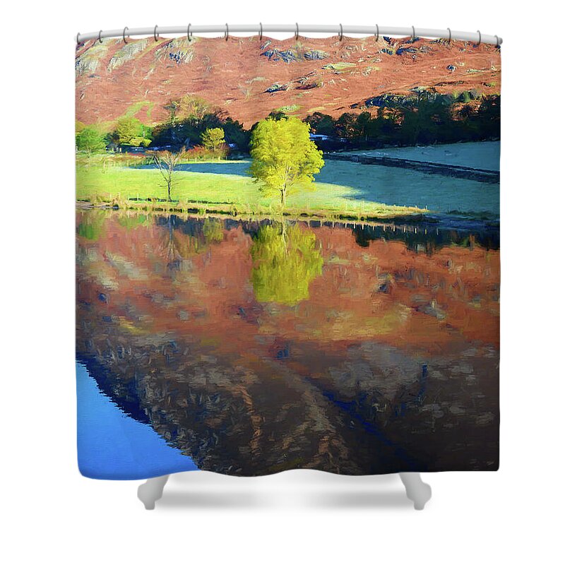 England Shower Curtain featuring the digital art Yellow Tree Reflection 3 by Roy Pedersen