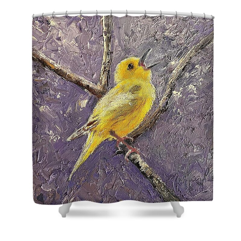 We Love Watching. Birds. The Yellow Warbler Is So Bright And Cheery Shower Curtain featuring the painting Yellow Warbler by Marsha Karle