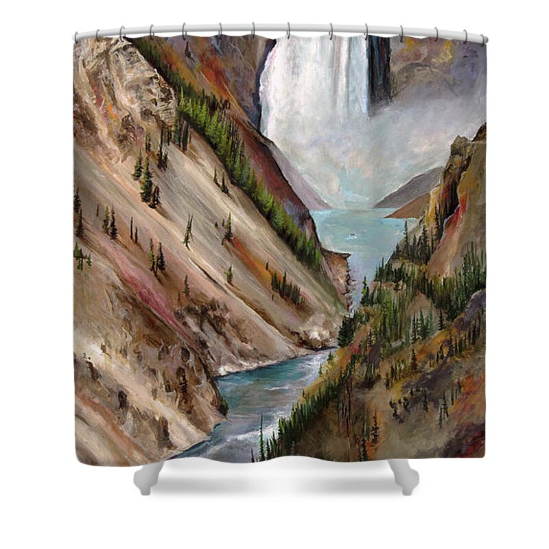 Yellowstone Shower Curtain featuring the painting Yellowstone Lower Falls by Averi Iris