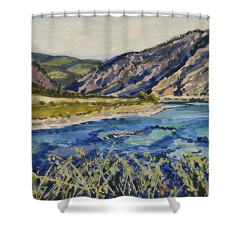Yellowstone River Shower Curtain featuring the painting Yellowstone River and Yankee Jim Canyon by Les Herman