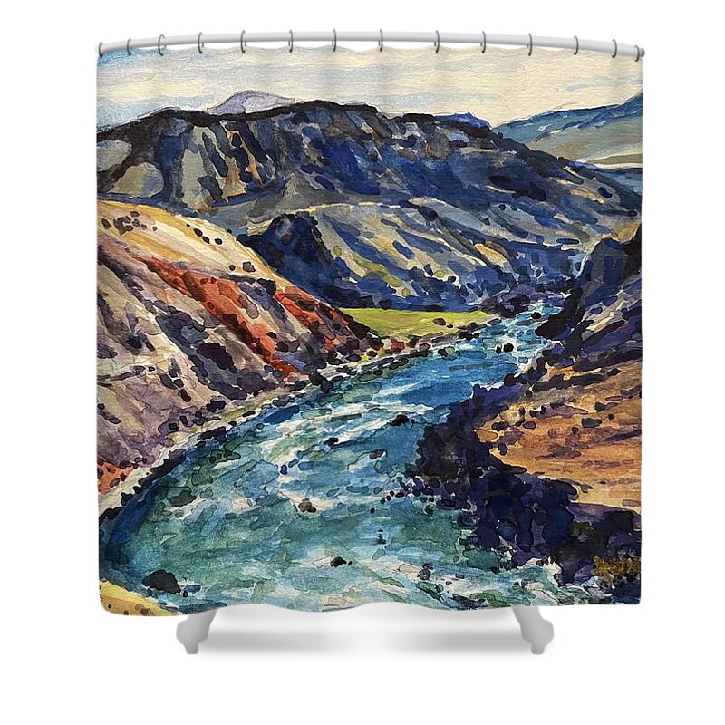 Yellowstone Shower Curtain featuring the painting Yellowstone River Trail to Mouth of Bear Creek by Les Herman