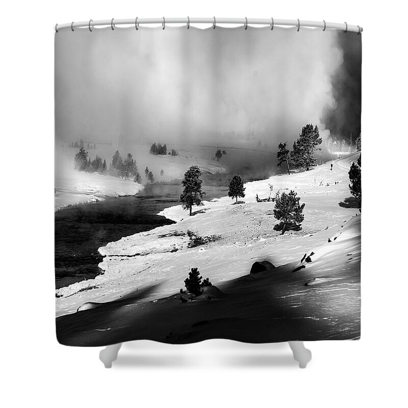 Fine Art Shower Curtain featuring the photograph Yellowstone Winter Geyser Basin Monochrome Photograph by Greg Sigrist